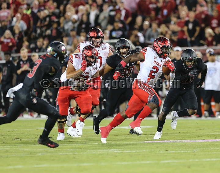 20181006StanfordUtah-024.JPG - Oct. 6, 2018; Stanford, CA.; Utah running back Zack Moss (2) runs for a 35-yard touchdown during the second quarter of an NCAA football game between the Stanford Cardinal and the Utah Utes at Stanford Stadium. Utah defeated Stanford 40-21. 
